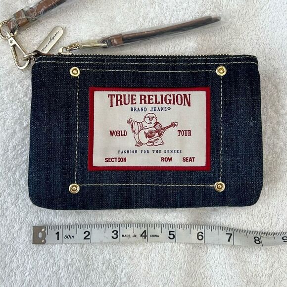 True Religion Women's Buddha Patch Zip Denim Wristlet Dark Blue Tan NWOT - Picture 1 of 8